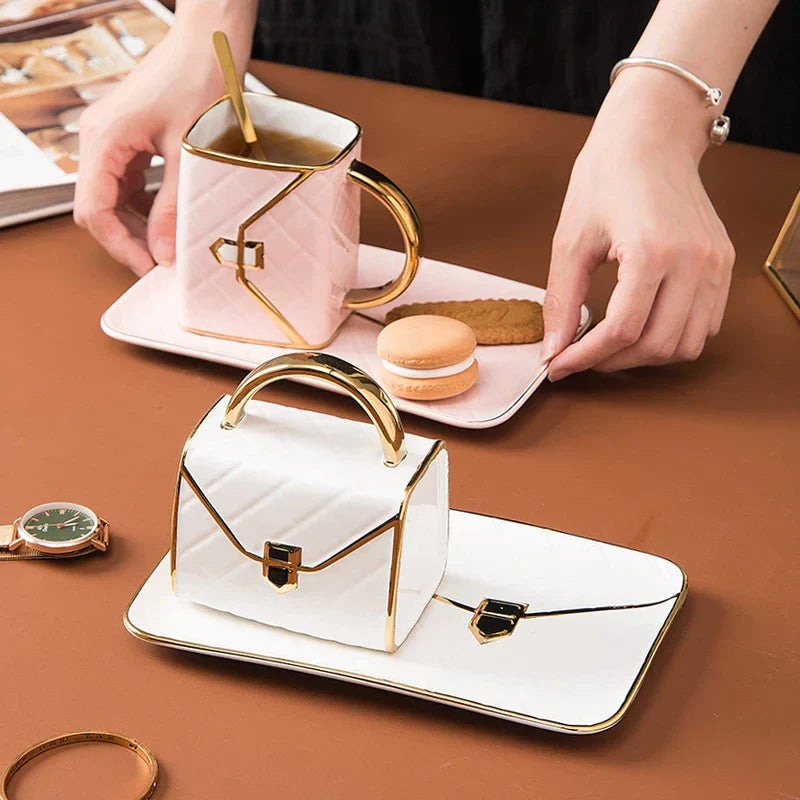 Handbag-Shaped Creative Mug With Saucer & Spoon